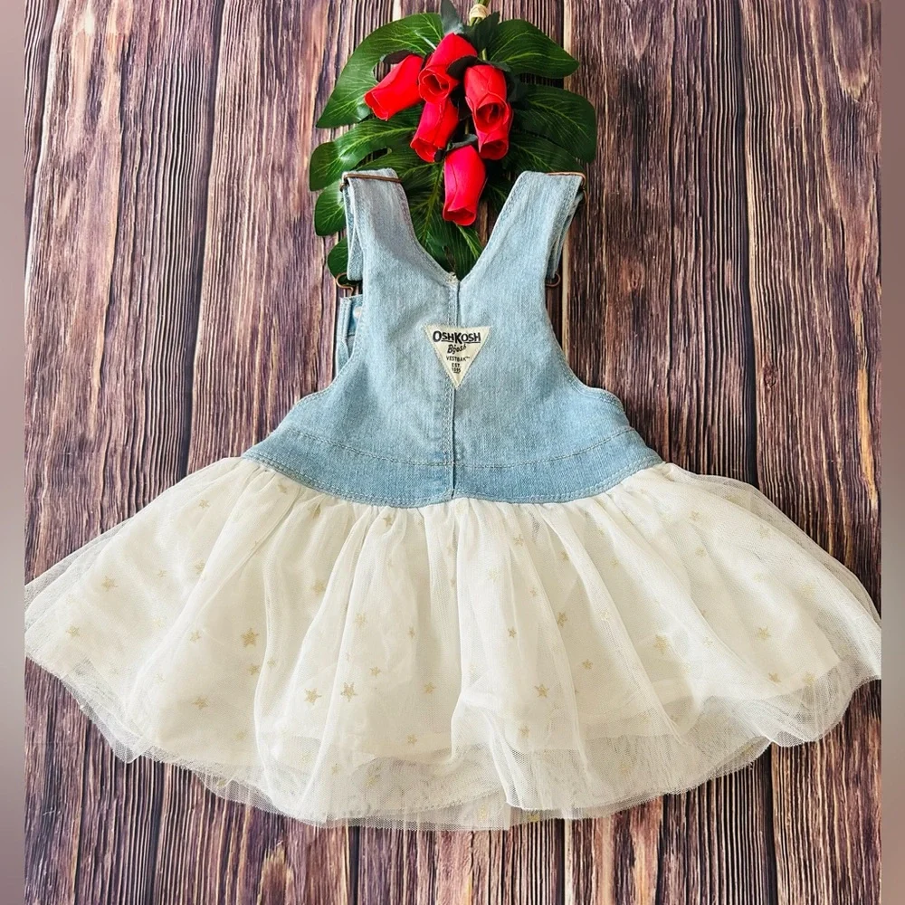 Oshkosh B'gosh Girls Infants Tulle Star Print Logo Denim Overall Dress Size 18M